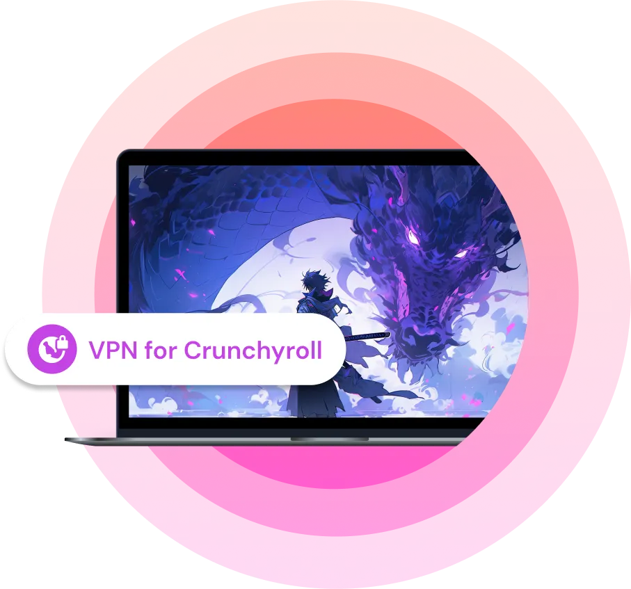 Anime on a laptop screen with a label VPN for Crunchyroll